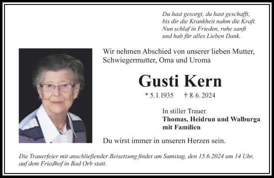 Traueranzeige von Gusti Kern von Gelnhäuser Neue Zeitung