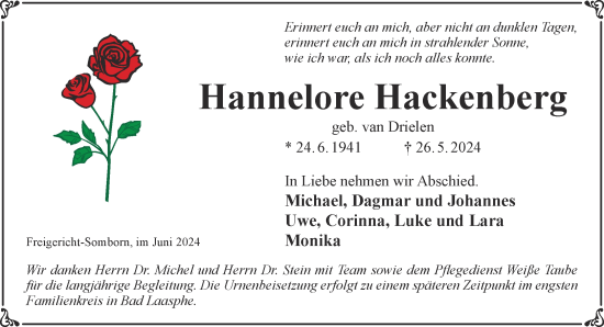 Traueranzeige von Hannelore Hackenberg von Gelnhäuser Neue Zeitung