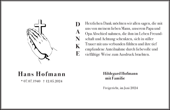 Traueranzeige von Hans Hofmann von Gelnhäuser Neue Zeitung