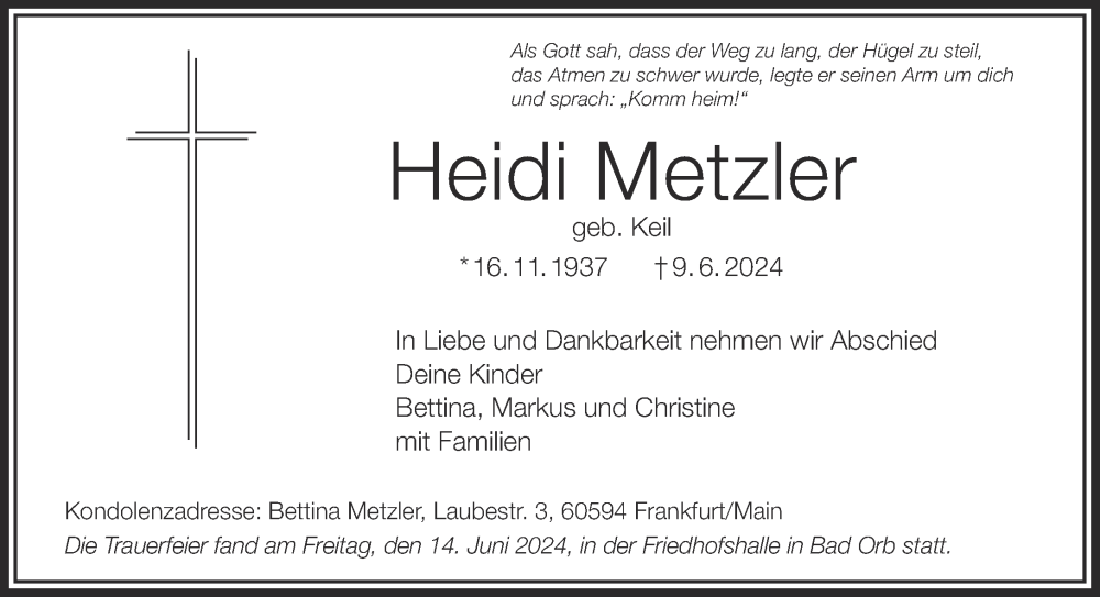  Traueranzeige für Heidi Metzler vom 15.06.2024 aus Mittelhessen-Bote