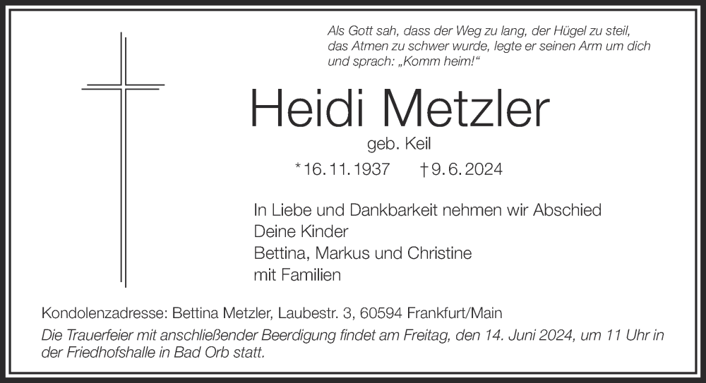  Traueranzeige für Heidi Metzler vom 12.06.2024 aus Gelnhäuser Neue Zeitung