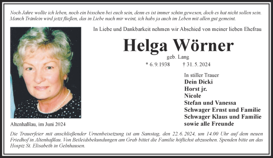 Traueranzeige von Helga Wörner von Gelnhäuser Neue Zeitung