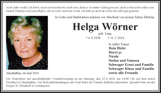 Traueranzeige von Helga Wörner von Mittelhessen-Bote