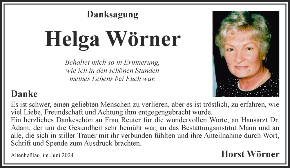  Traueranzeige für Helga Wörner vom 29.06.2024 aus Gelnhäuser Neue Zeitung