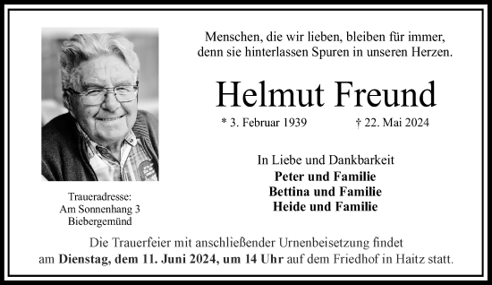 Traueranzeige von Helmut Freund von Gelnhäuser Neue Zeitung