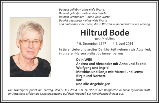 Traueranzeige von Hiltrud Bode von Gelnhäuser Neue Zeitung