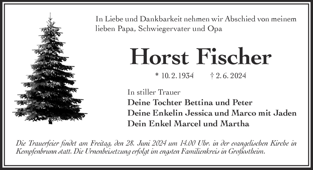  Traueranzeige für Horst Fischer vom 15.06.2024 aus Gelnhäuser Neue Zeitung