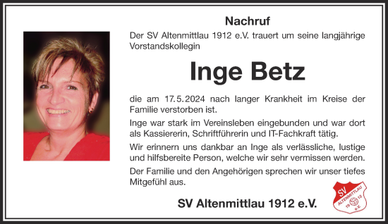Traueranzeige von Inge Betz von Gelnhäuser Neue Zeitung