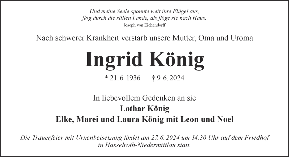  Traueranzeige für Ingrid König vom 22.06.2024 aus Gelnhäuser Neue Zeitung