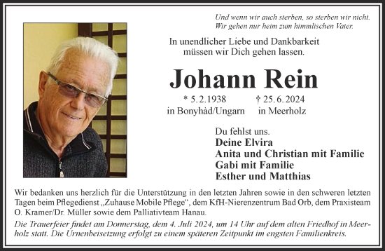 Traueranzeige von Johann Rein von Gelnhäuser Neue Zeitung
