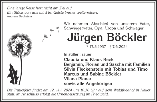 Traueranzeige von Jürgen Böckler von Gelnhäuser Neue Zeitung