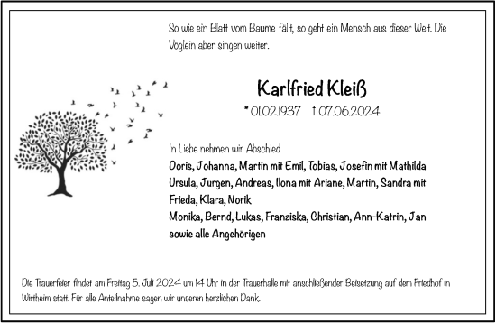 Traueranzeige von Karlfried Kleiß von Gelnhäuser Neue Zeitung