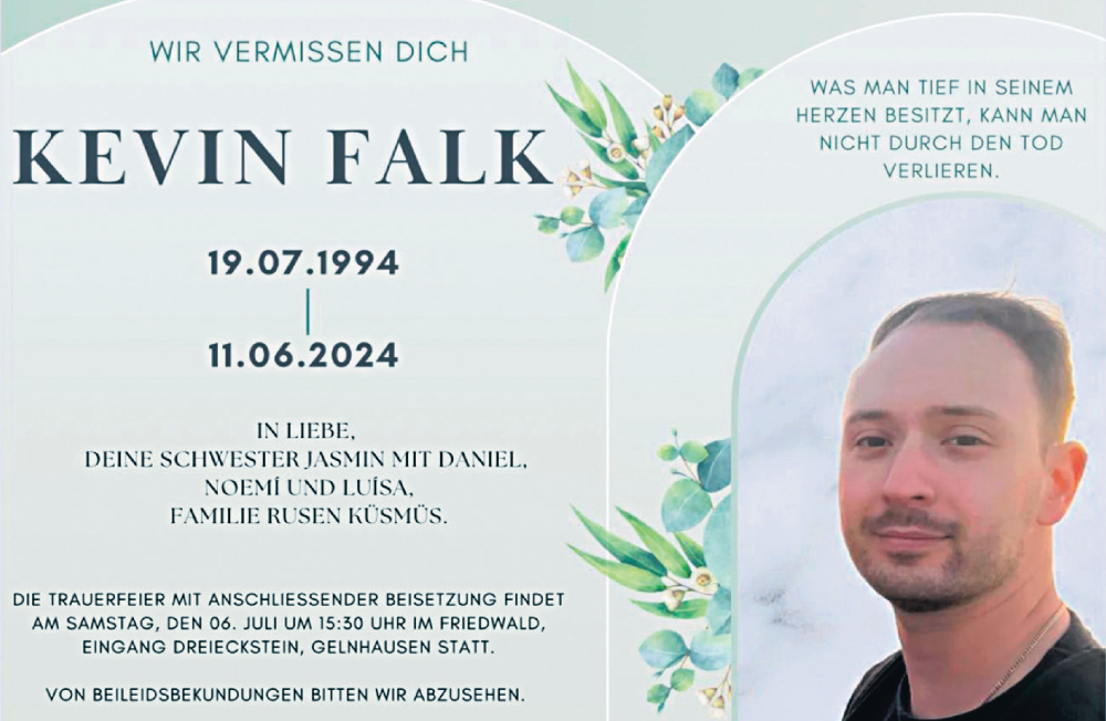  Traueranzeige für Kevin Falk vom 29.06.2024 aus Gelnhäuser Neue Zeitung