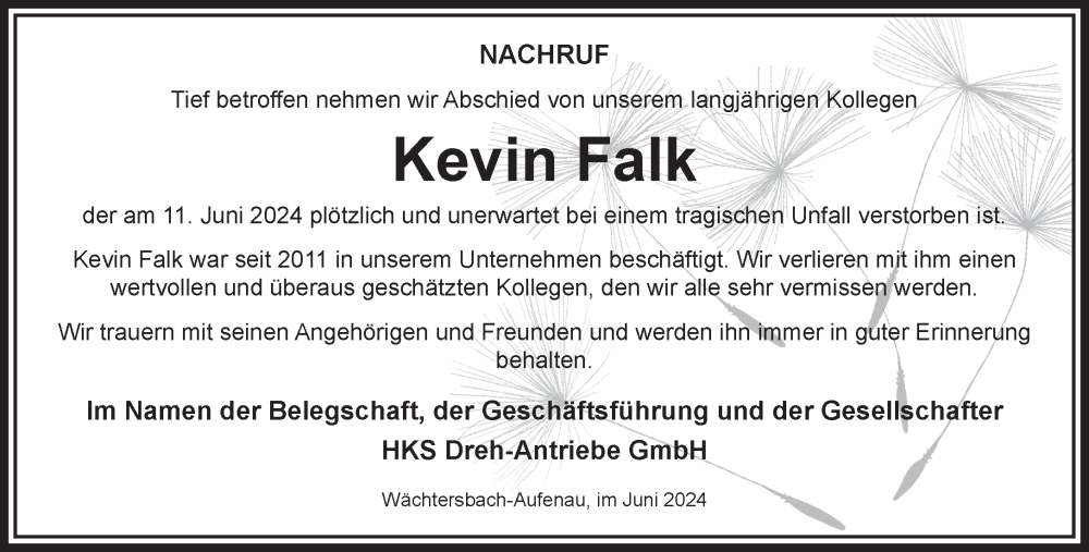  Traueranzeige für Kevin Falk vom 29.06.2024 aus Gelnhäuser Neue Zeitung