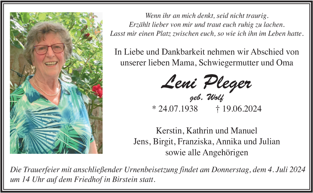  Traueranzeige für Leni Pleger vom 29.06.2024 aus Gelnhäuser Neue Zeitung