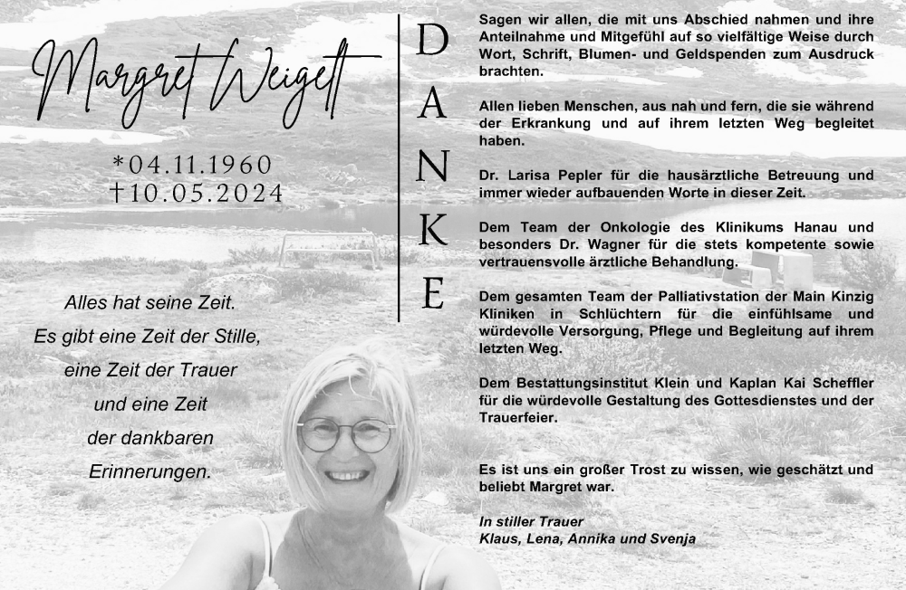  Traueranzeige für Margret Weigett vom 15.06.2024 aus Gelnhäuser Neue Zeitung
