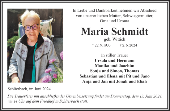 Traueranzeige von Maria Schmidt von Gelnhäuser Neue Zeitung