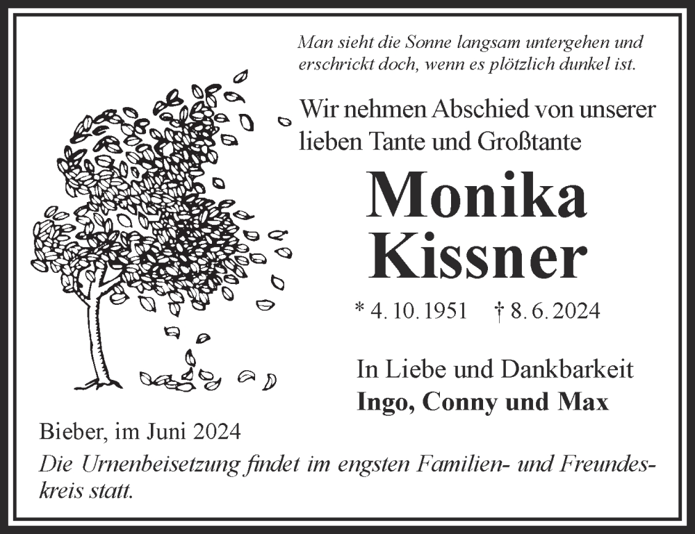  Traueranzeige für Monika Kissner vom 15.06.2024 aus Gelnhäuser Neue Zeitung