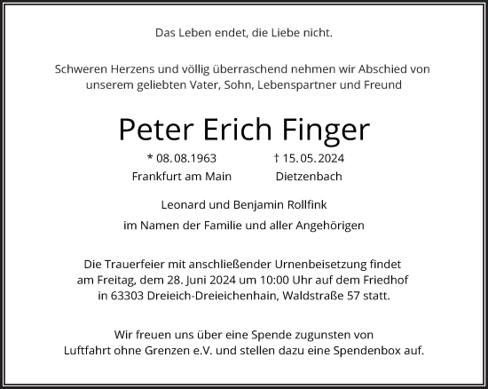 Traueranzeige von Peter Erich Finger von Gelnhäuser Neue Zeitung