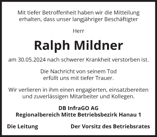 Traueranzeige von Ralph Mildner von Gelnhäuser Neue Zeitung