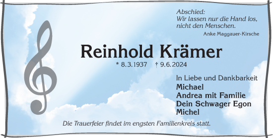 Traueranzeige von Reinhold Krämer von Mittelhessen-Bote
