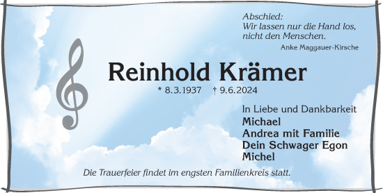 Traueranzeige von Reinhold Krämer von Gelnhäuser Neue Zeitung
