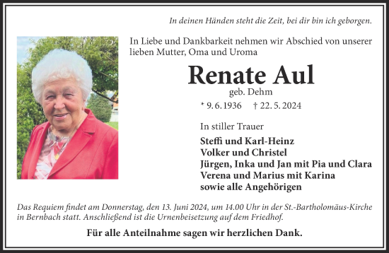 Traueranzeige von Renate Aul von Gelnhäuser Neue Zeitung
