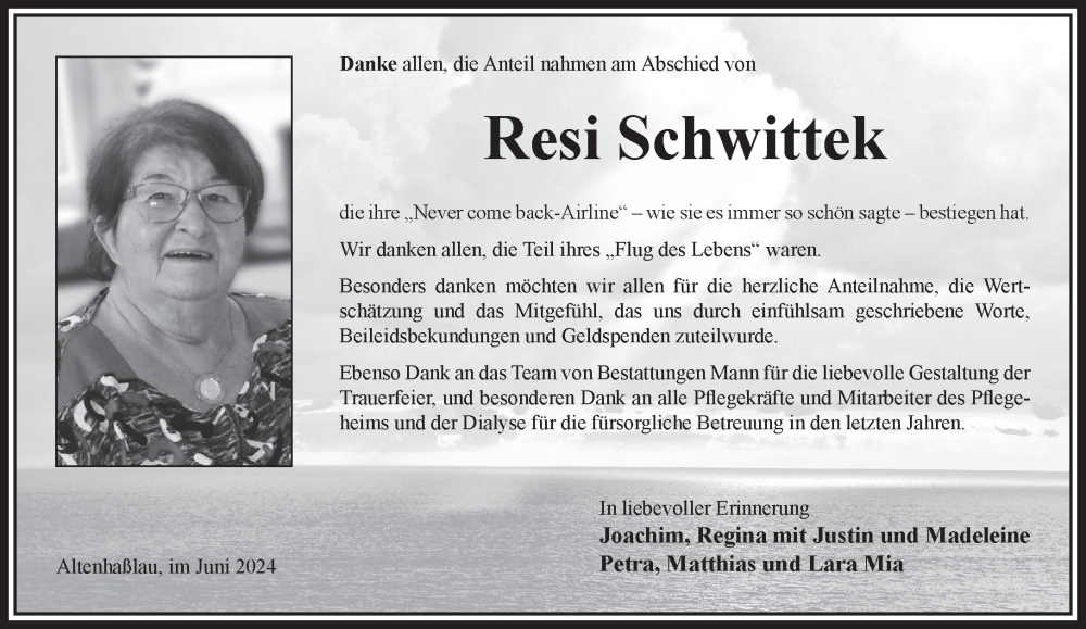  Traueranzeige für Resi Schwittek vom 29.06.2024 aus Gelnhäuser Neue Zeitung