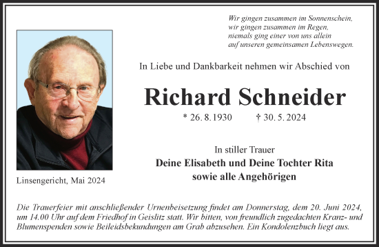Traueranzeige von Richard Schneider von Gelnhäuser Neue Zeitung