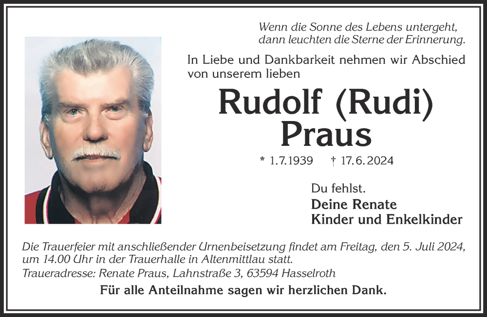  Traueranzeige für Rudolf Praus vom 29.06.2024 aus Gelnhäuser Neue Zeitung