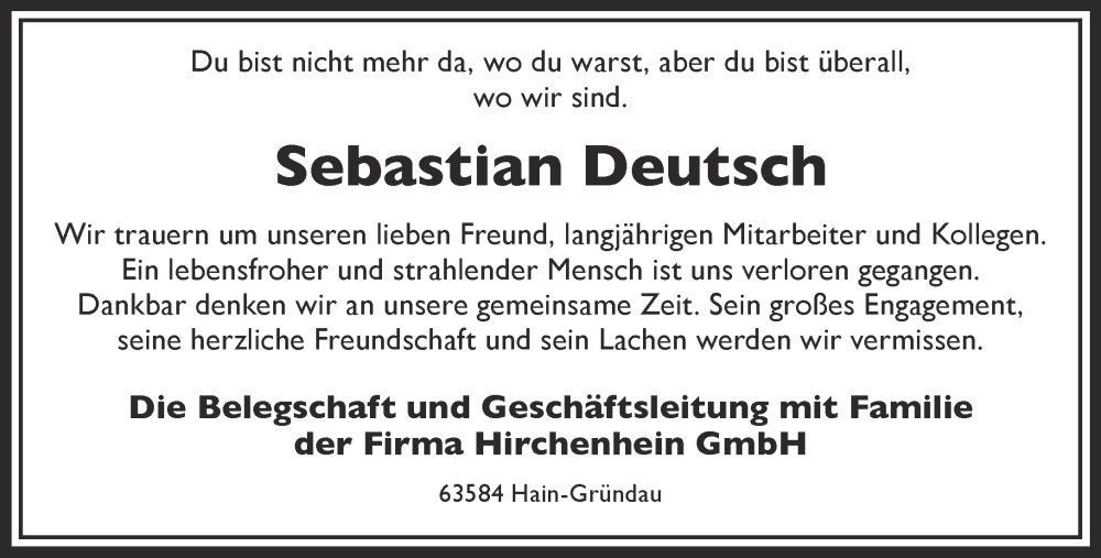  Traueranzeige für Sebastian Deutsch vom 15.06.2024 aus Gelnhäuser Neue Zeitung