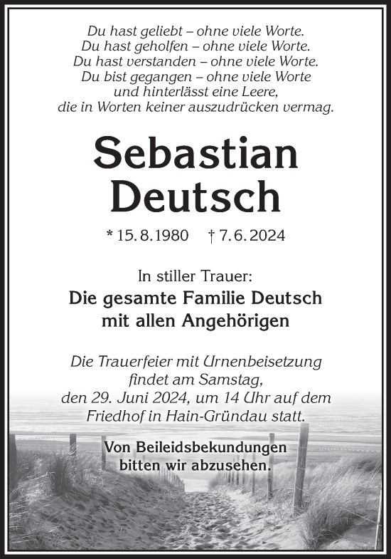 Traueranzeige von Sebastian Deutsch von Gelnhäuser Neue Zeitung