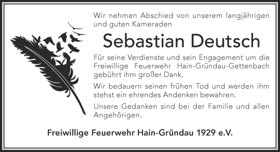 Traueranzeige von Sebastian Deutsch von Gelnhäuser Neue Zeitung