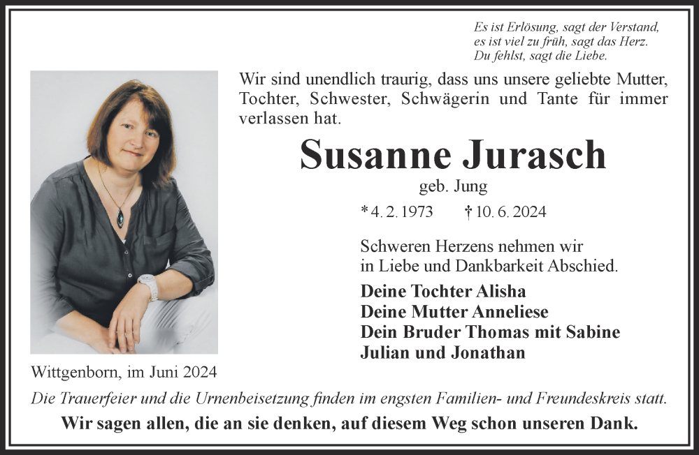  Traueranzeige für Susanne Jurasch vom 15.06.2024 aus Mittelhessen-Bote