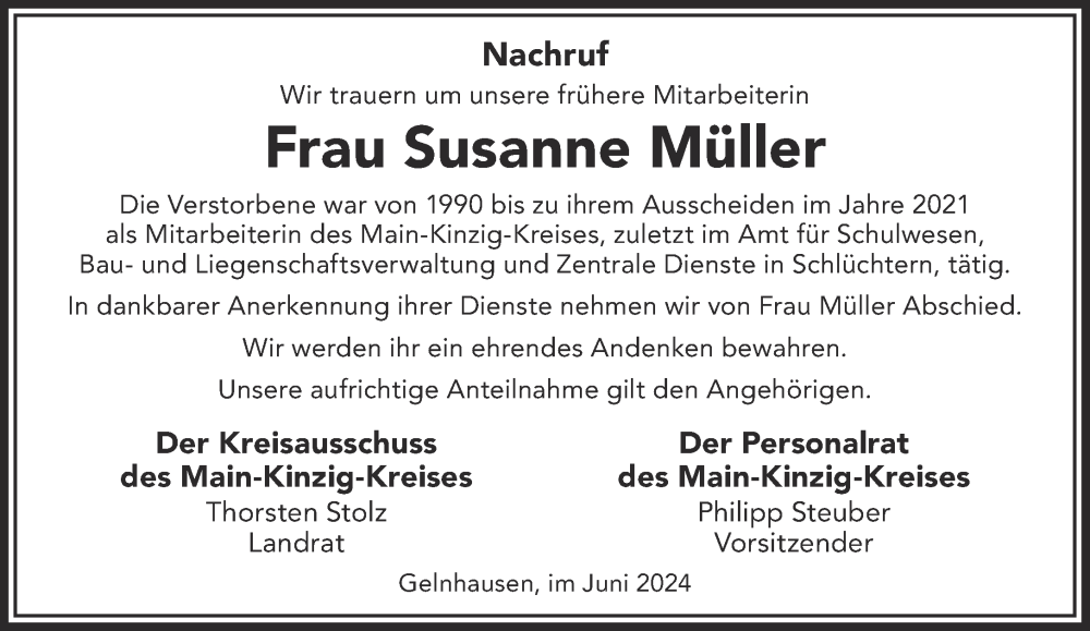  Traueranzeige für Susanne Müller vom 29.06.2024 aus Mittelhessen-Bote