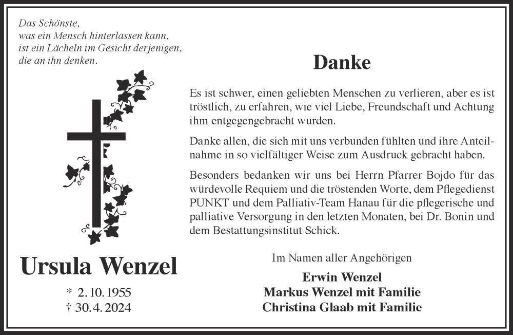  Traueranzeige für Ursula Wenzel vom 12.06.2024 aus Gelnhäuser Neue Zeitung