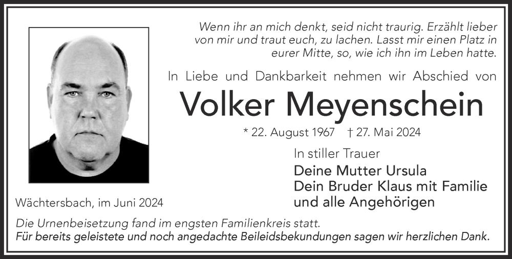  Traueranzeige für Volker Meyenschein vom 22.06.2024 aus Gelnhäuser Neue Zeitung