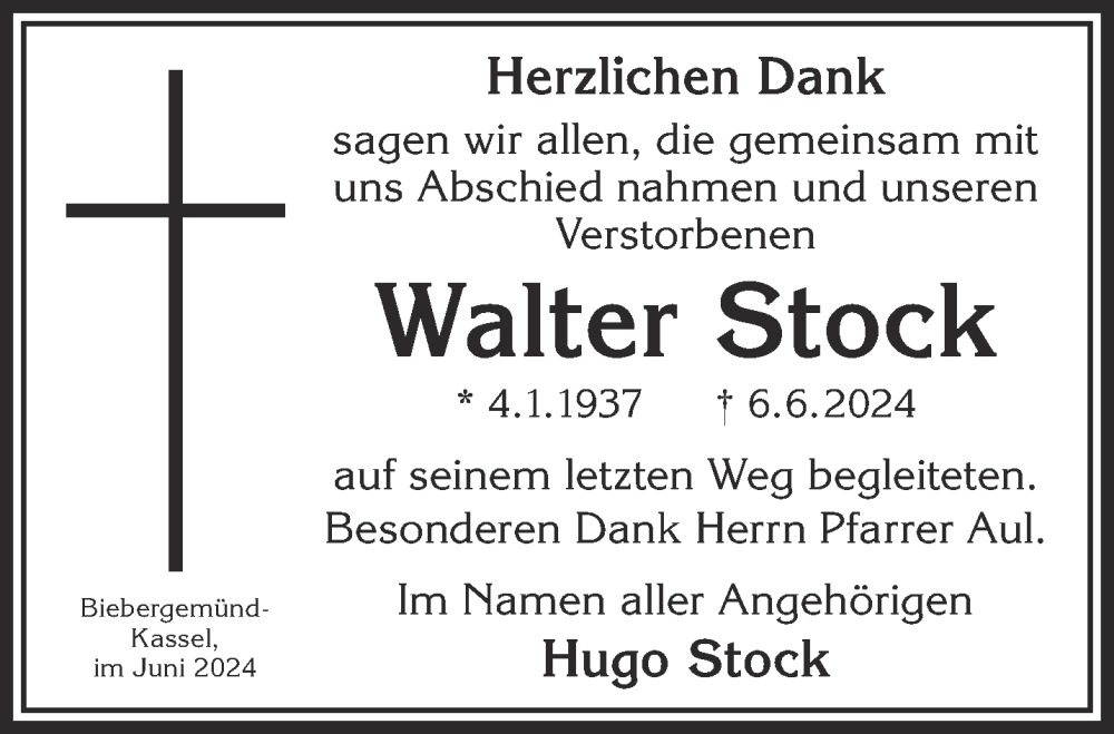  Traueranzeige für Walter Stock vom 22.06.2024 aus Mittelhessen-Bote