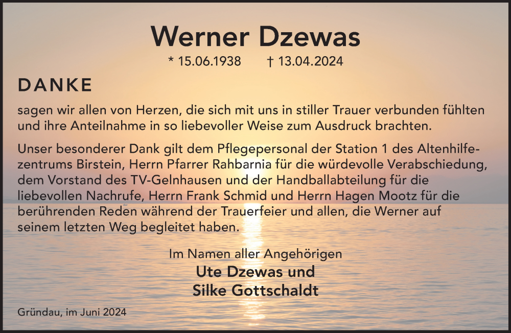 Traueranzeige für Werner Dzewas vom 08.06.2024 aus Mittelhessen-Bote