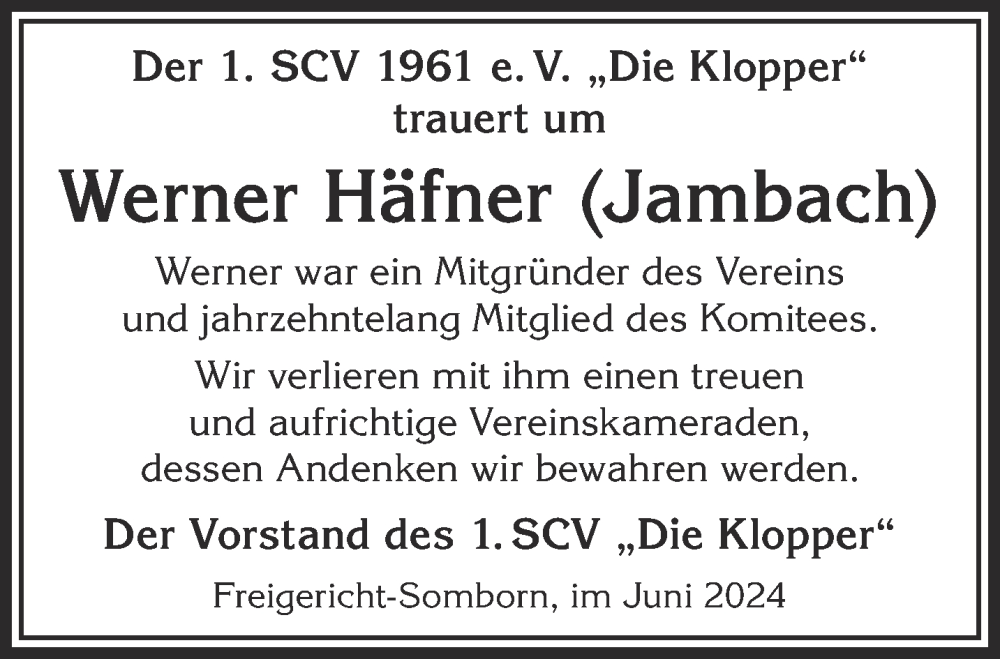  Traueranzeige für Werner Häfner vom 22.06.2024 aus Mittelhessen-Bote