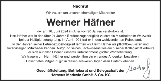 Traueranzeige von Werner Häfner von Gelnhäuser Neue Zeitung