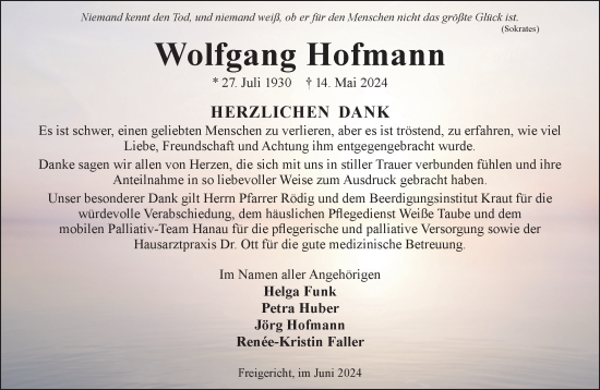 Traueranzeige von Wolfgang Hofmann von Gelnhäuser Neue Zeitung