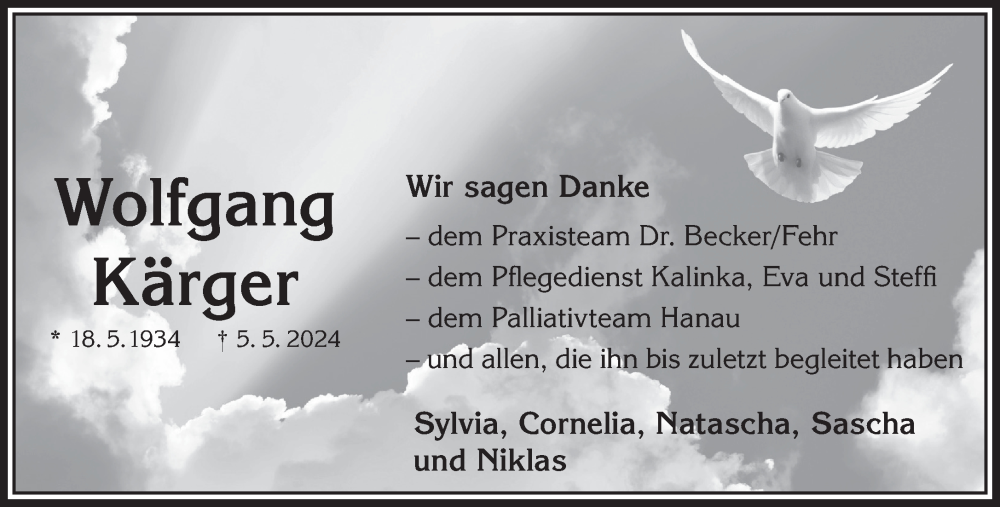  Traueranzeige für Wolfgang Kärger vom 29.06.2024 aus Mittelhessen-Bote