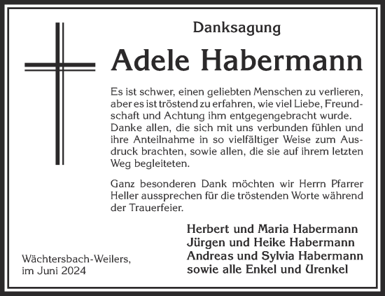 Traueranzeige von Adele Habermann von Gelnhäuser Neue Zeitung