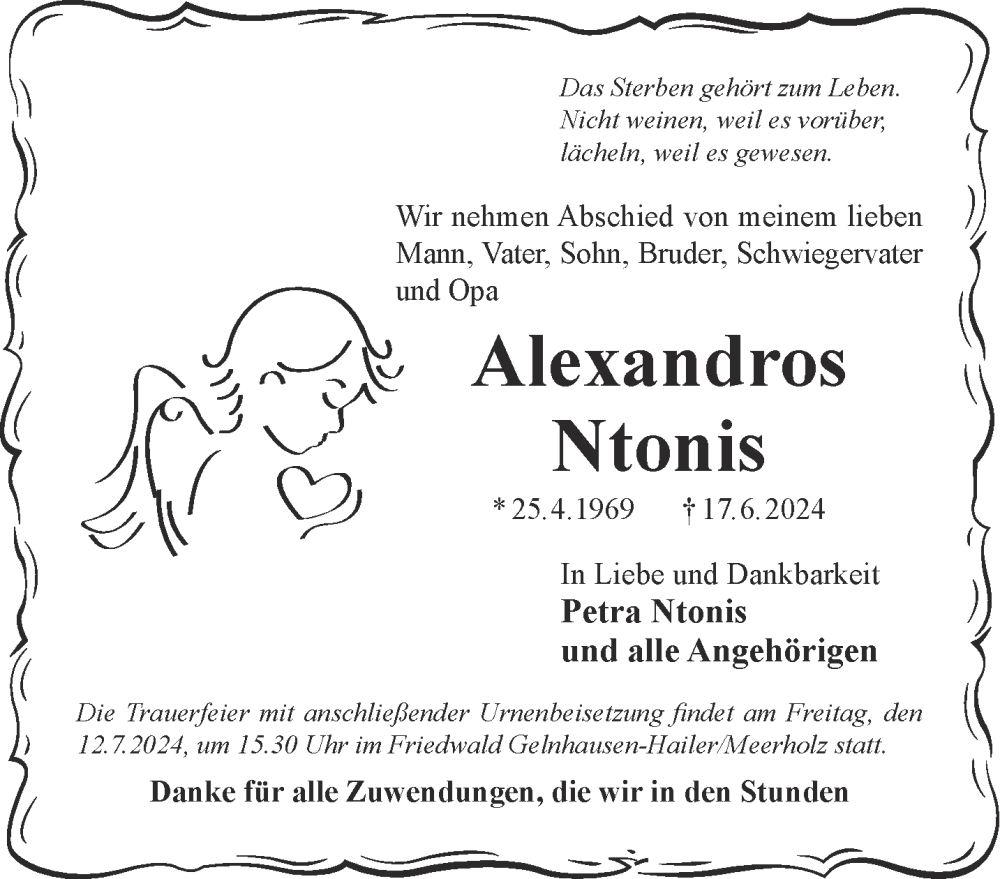  Traueranzeige für Alexandros Ntonis vom 06.07.2024 aus Gelnhäuser Neue Zeitung