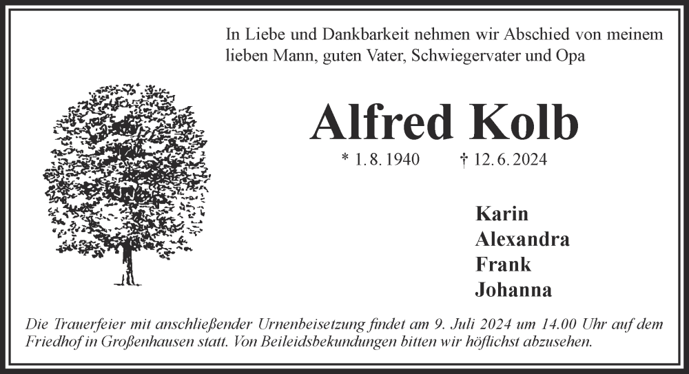  Traueranzeige für Alfred Kolb vom 06.07.2024 aus Gelnhäuser Neue Zeitung