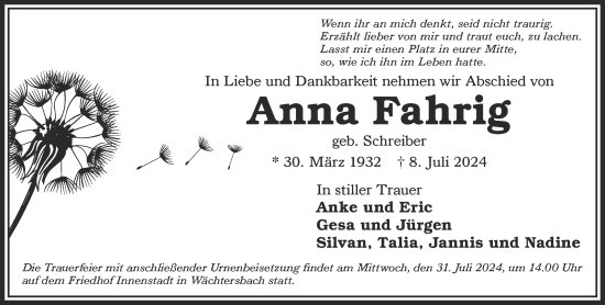 Traueranzeige von Anna Fahrig von Gelnhäuser Neue Zeitung