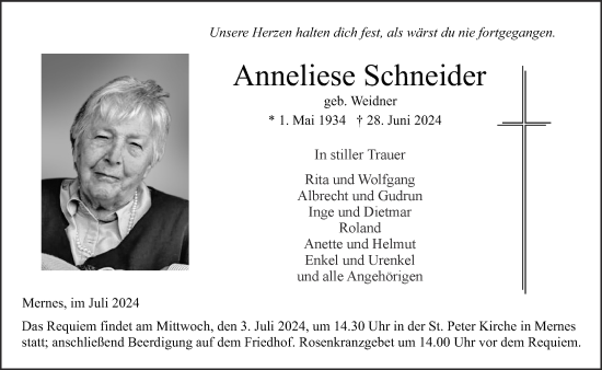 Traueranzeige von Anneliese Schneider von Gelnhäuser Neue Zeitung