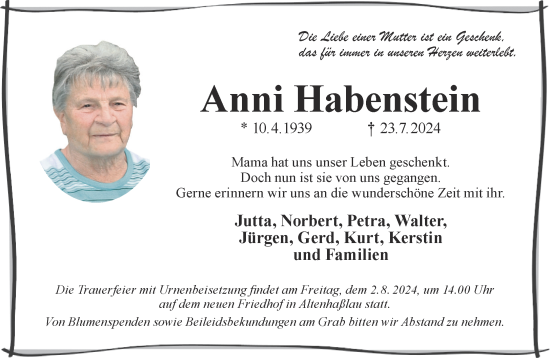 Traueranzeige von Anni Habenstein von Gelnhäuser Neue Zeitung