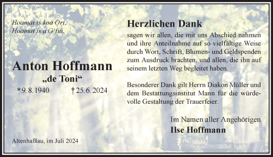 Traueranzeige von Anton Hoffmann von Gelnhäuser Neue Zeitung